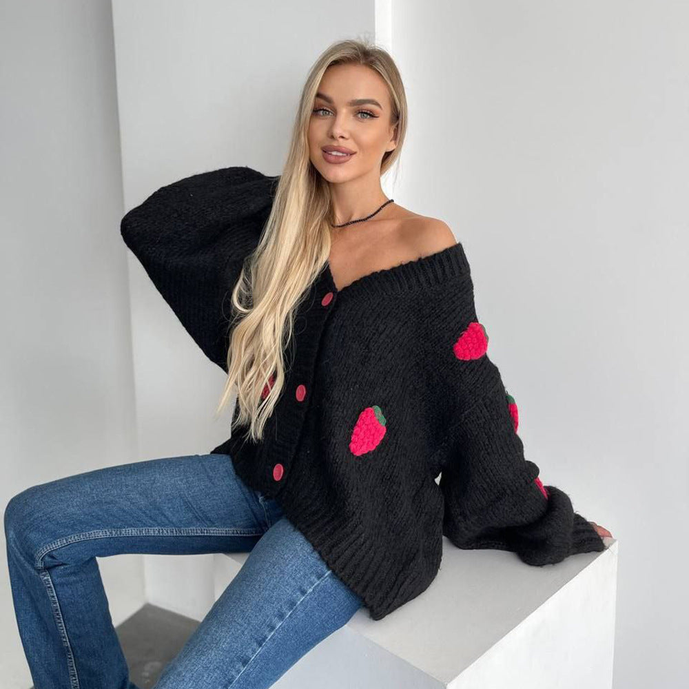Damen Strickjacke mit verspieltem Erdbeermuster und weiten Ärmeln Stalluxe
