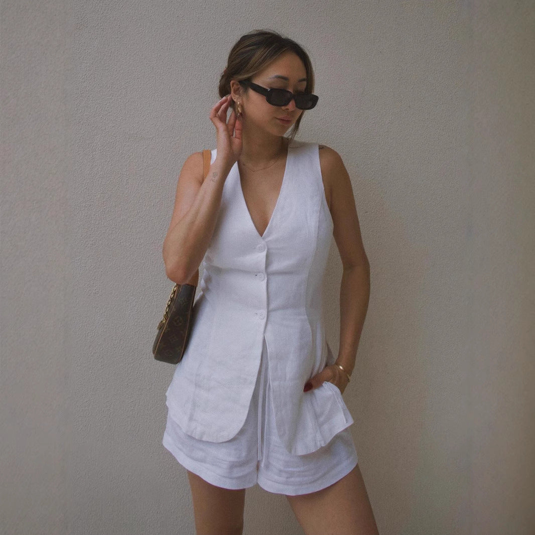 Damen schicker Anzug mit ärmellosem Blazer und bequemen Shorts Stalluxe
