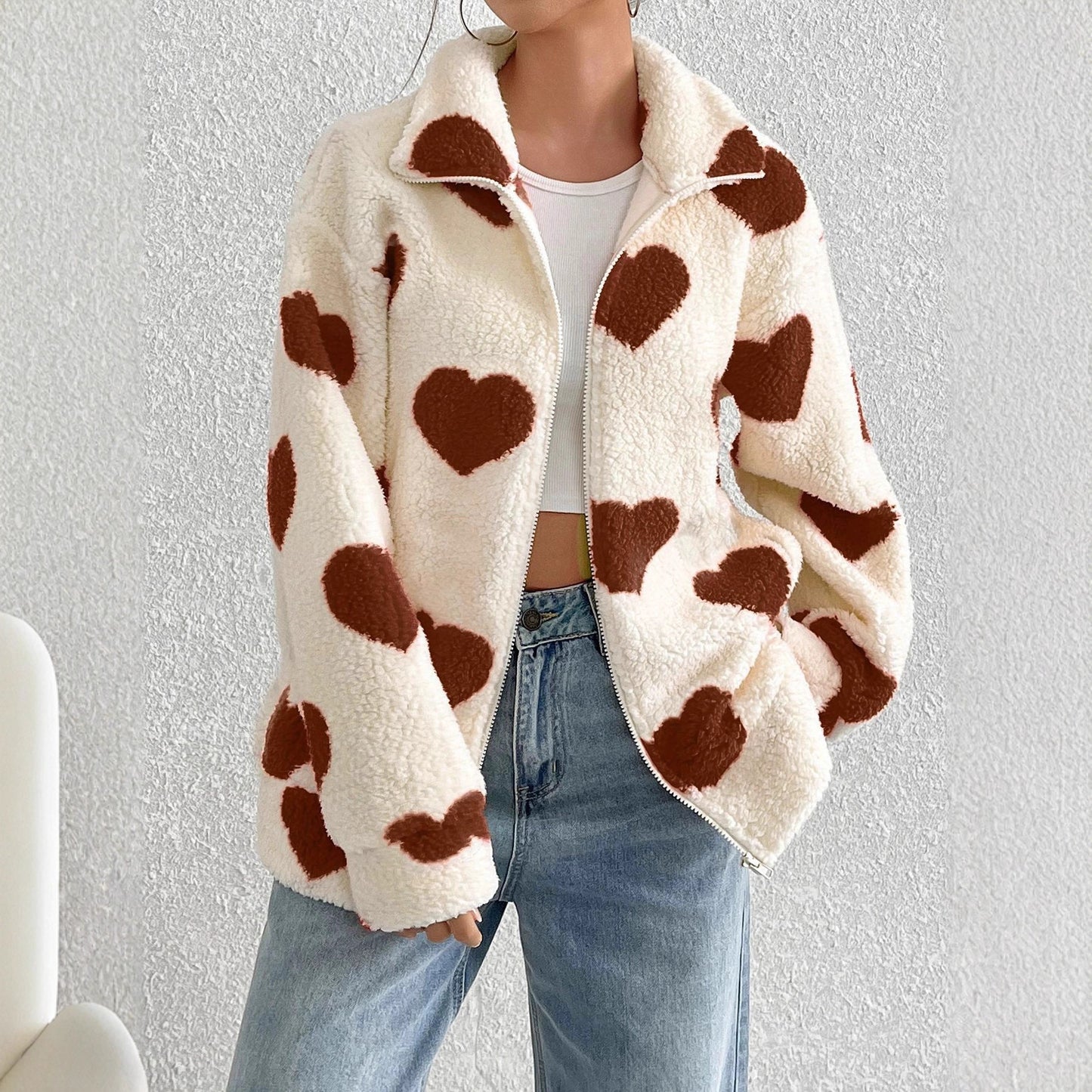 Damen kuschelige Fleecejacke mit herzförmigem Muster und hohem Kragen Stalluxe