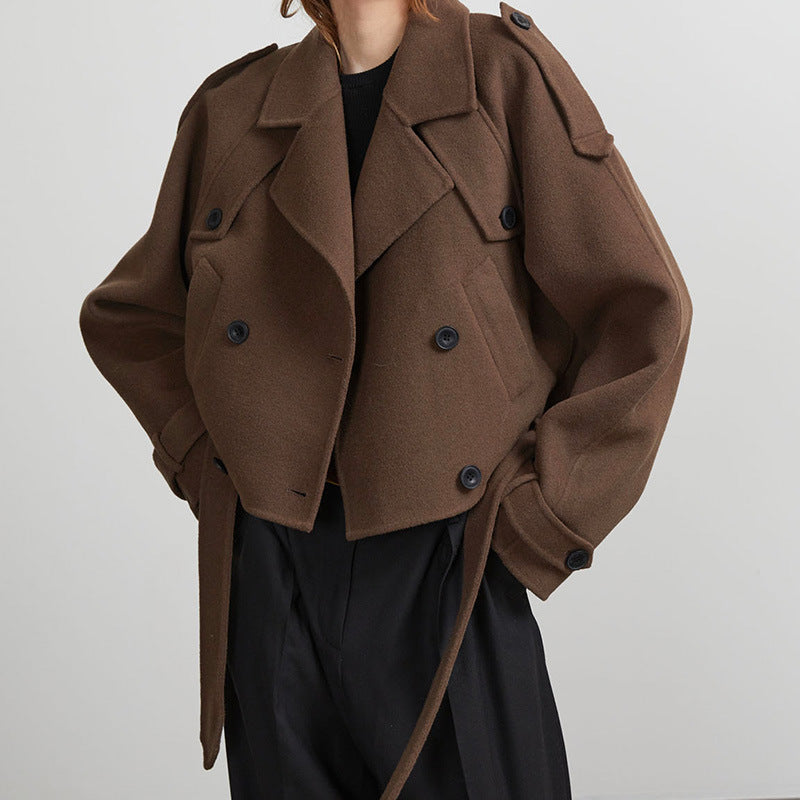 Damen lässige cropped Trenchjacke mit abnehmbaren Gürtel und großen Taschen Stalluxe