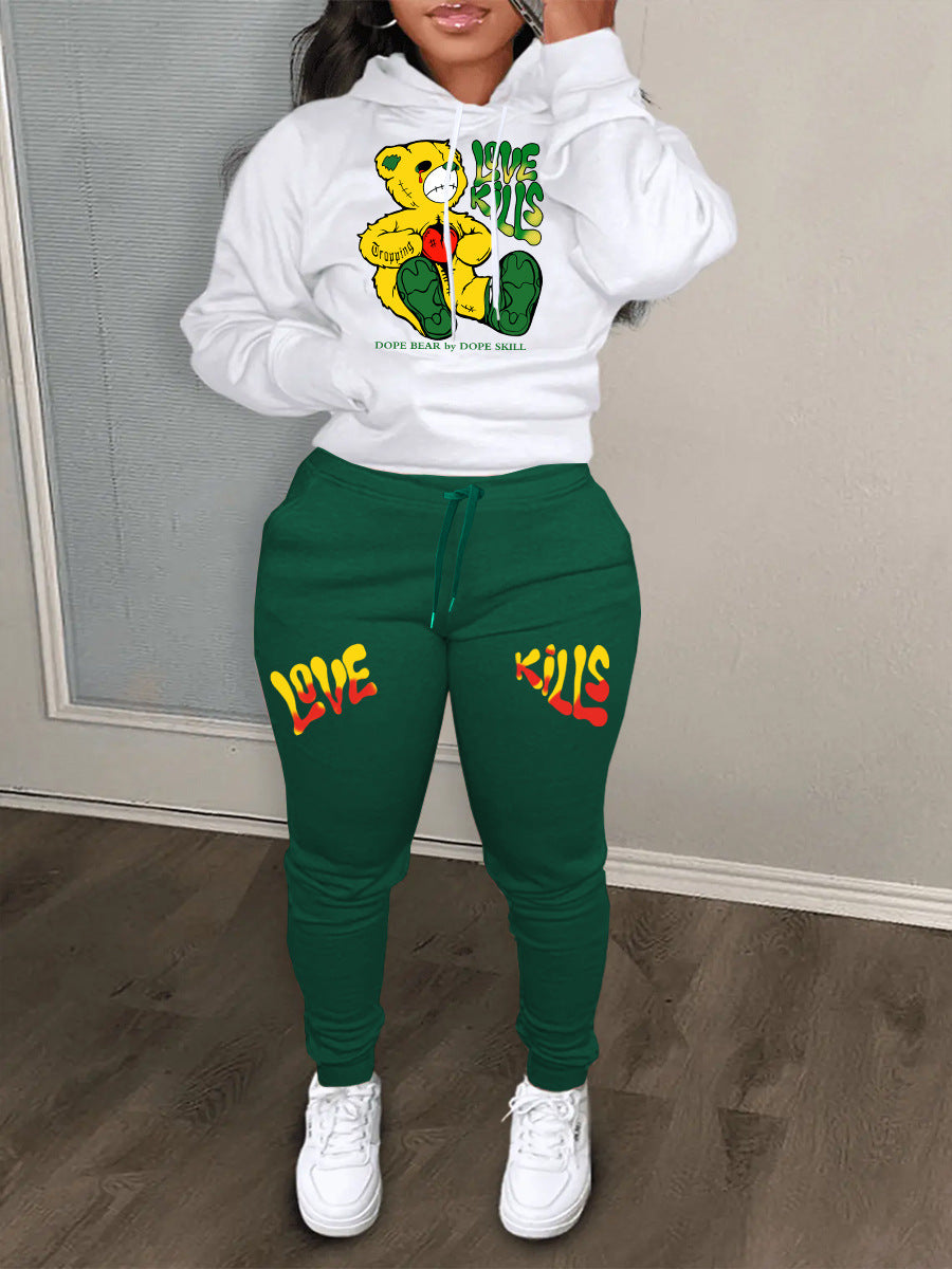 Damen Hoodie und Jogginghose Set mit kreativem Bärenmotiv und auffälligem Schriftzug Stalluxe