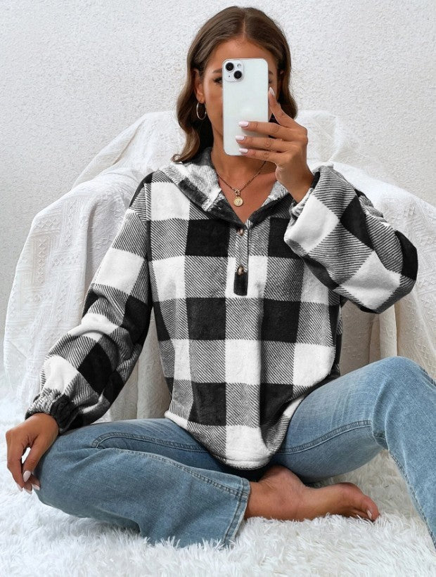 Damen Oversized Karo-Hoodie mit Knopfleiste und breiten Ärmeln Stalluxe