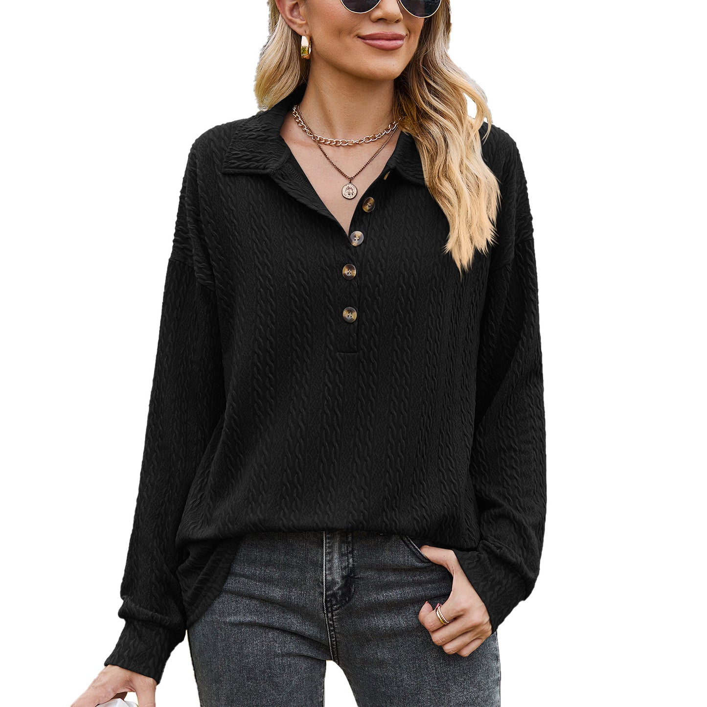 Damen Langarmshirt mit strukturiertem Kabelstrick und modischem Kragen Stalluxe