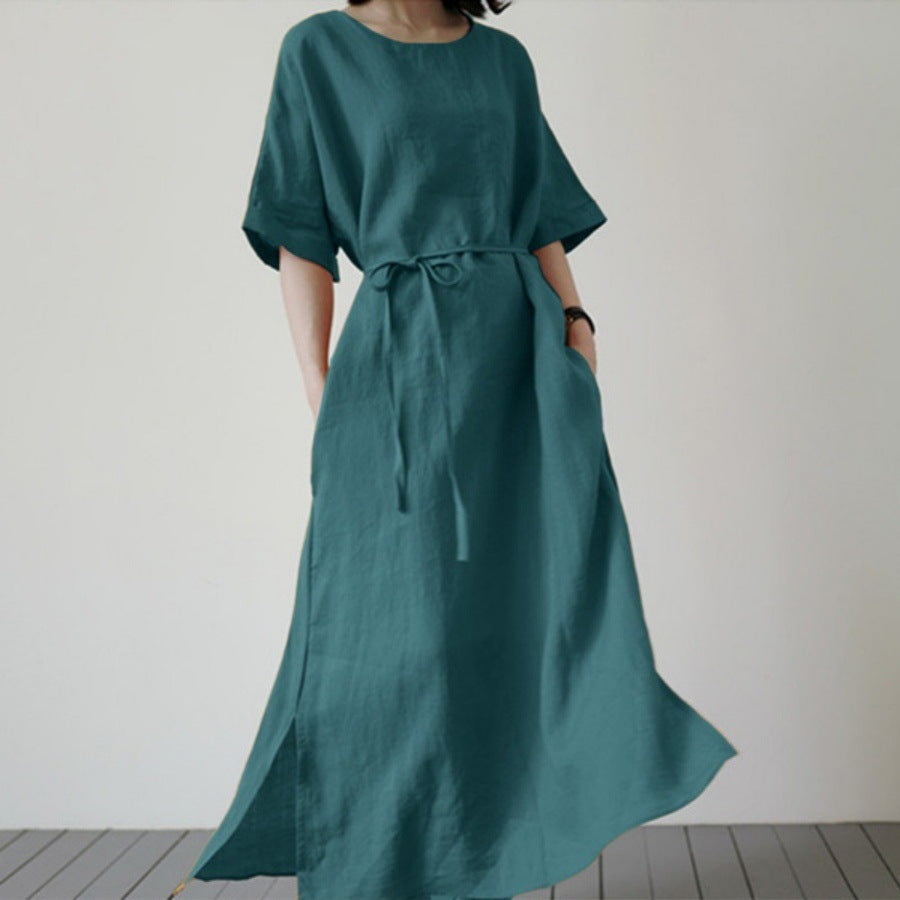 Damen Leinenmaxikleid mit weit geschnittenen Ärmeln und Taillengürtel Stalluxe