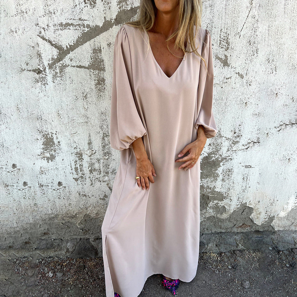 Damen Elegantes Maxikleid mit V-Ausschnitt und Taschen Stalluxe