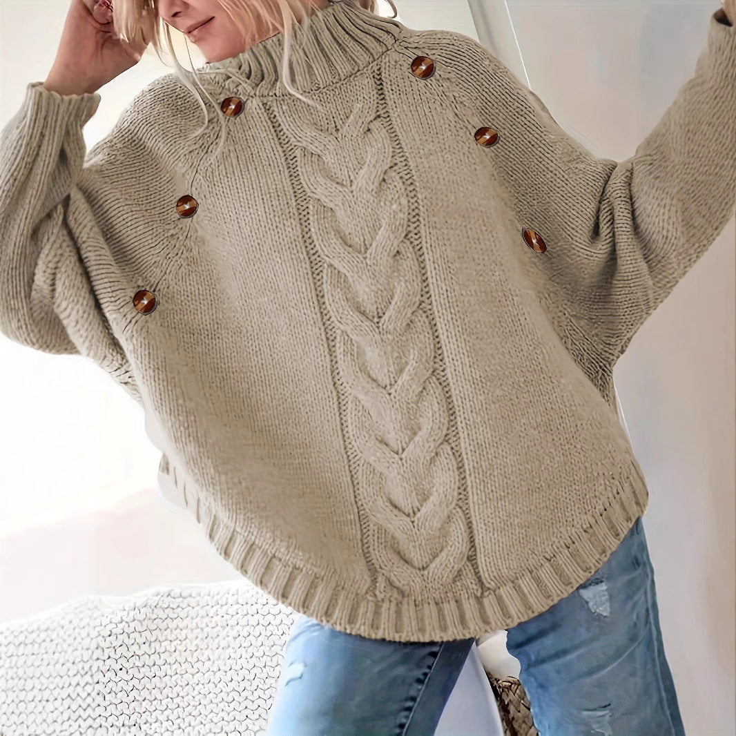 Damen Lockere Strickpullover mit hohem Kragen und dekorativen Knöpfen Stalluxe
