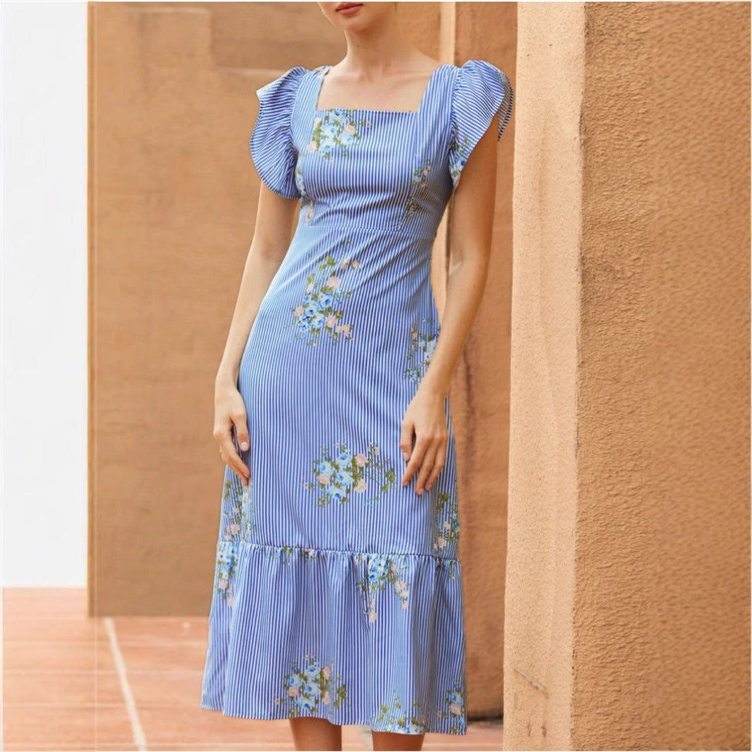 Damen Maxikleid mit floralem Streifenmuster und taillierter Silhouette Stalluxe