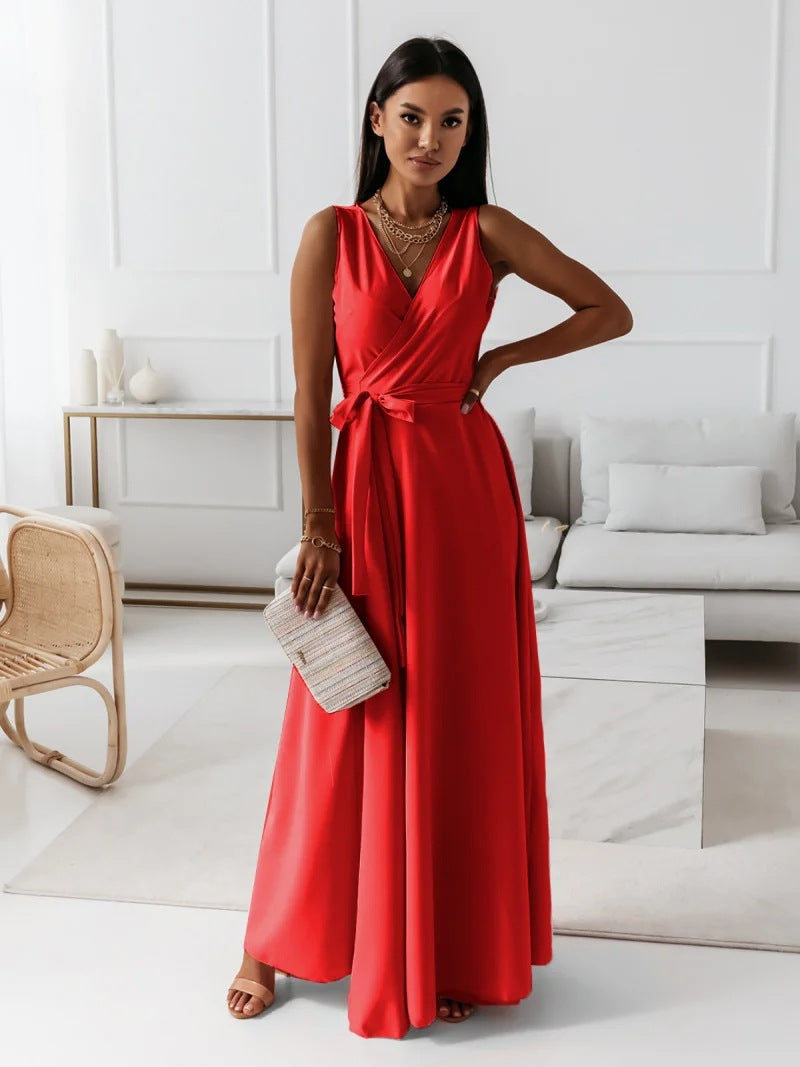 Damen Wickel-Maxikleid mit tiefem V-Ausschnitt und fließendem Schnitt Stalluxe