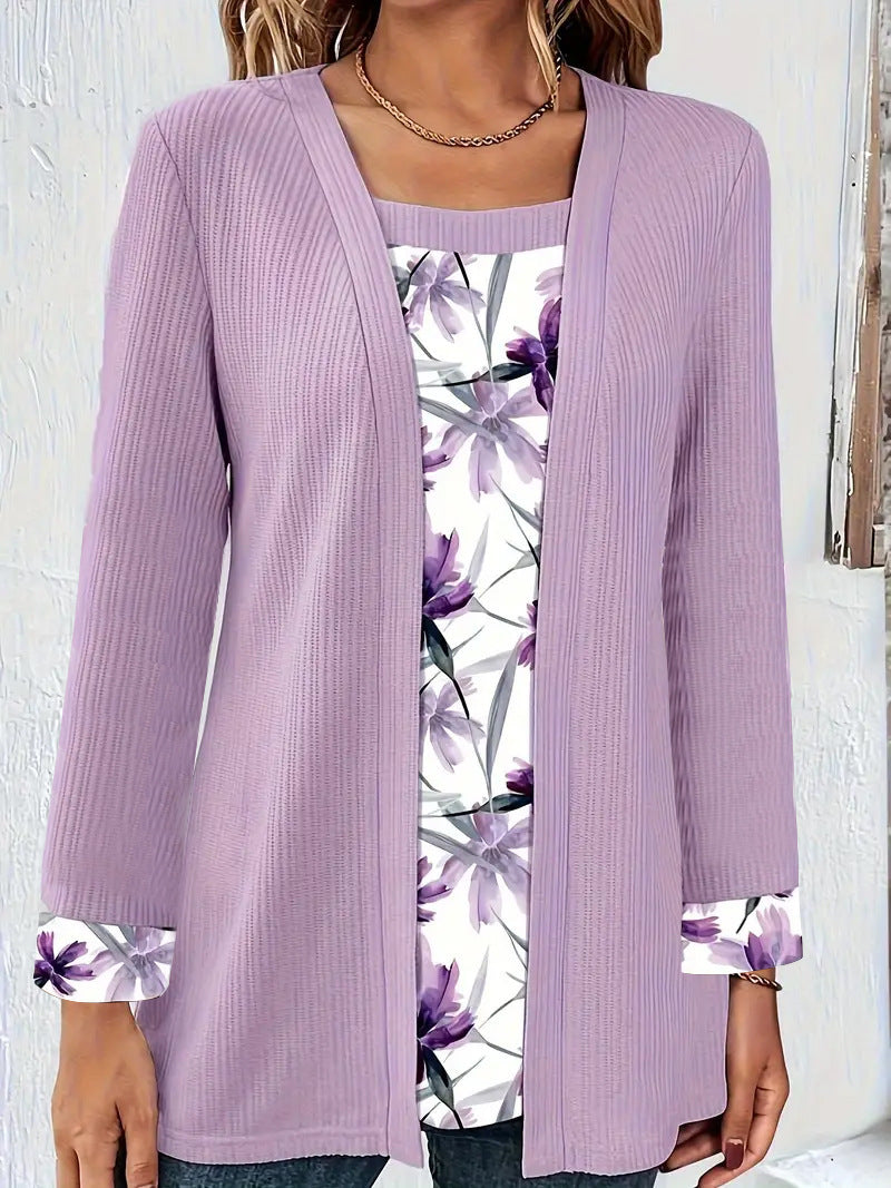 Damen lässiger Cardigan mit floralem Innenfutter und langen Ärmeln Stalluxe