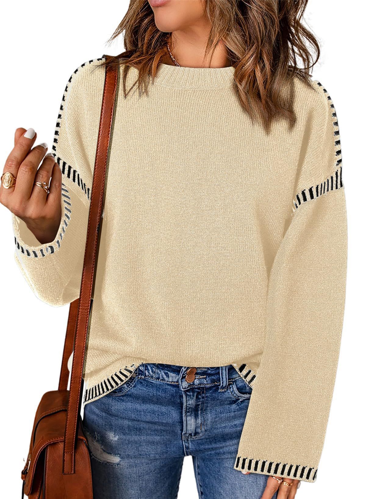 Damen Grobstrickpullover mit modischem Kontrastsaum und weiten Ärmeln Stalluxe