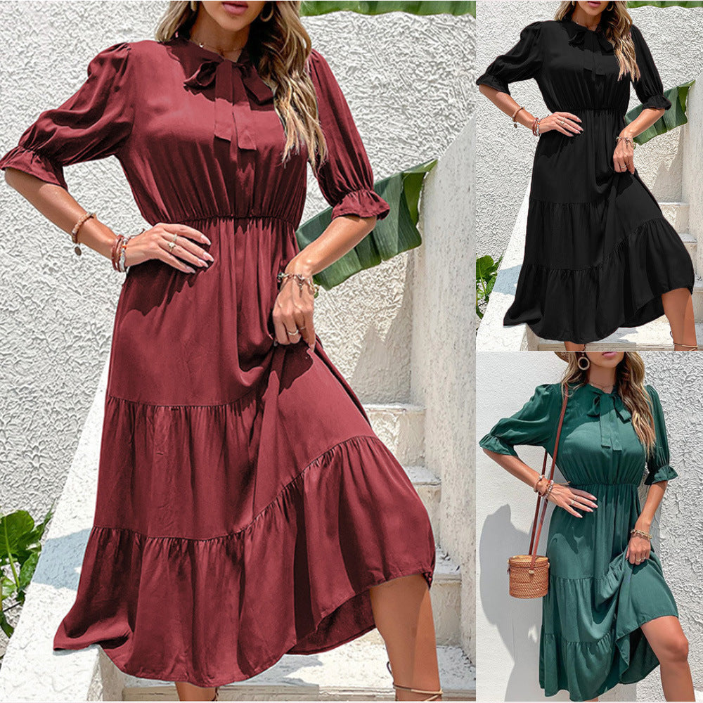 Damen Maxikleid mit elegantem Stehkragen und voluminösem Rüschensaum Stalluxe
