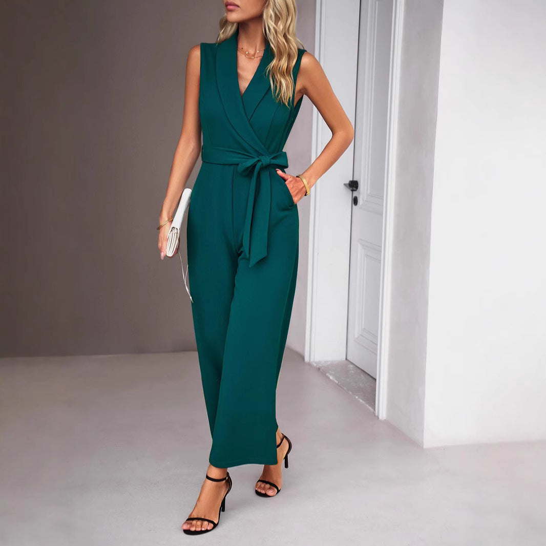 Damen Eleganter Jumpsuit mit Wickeloptik und Taillengürtel Stalluxe