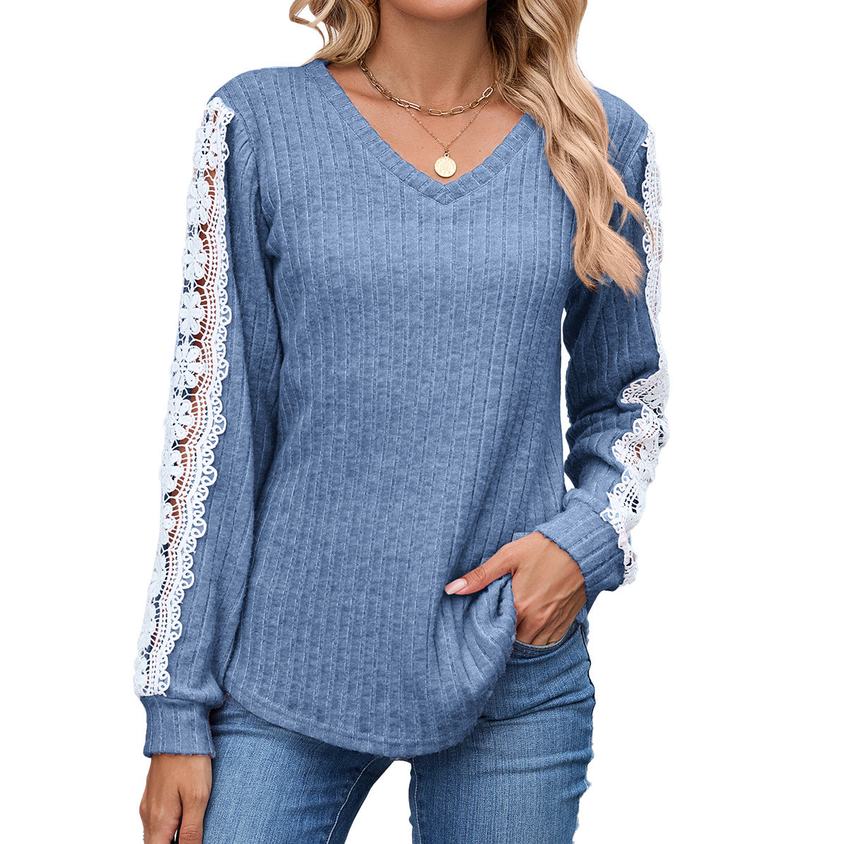Damen Relaxed Fit V-Ausschnitt Pullover mit Spitzenakzenten Stalluxe