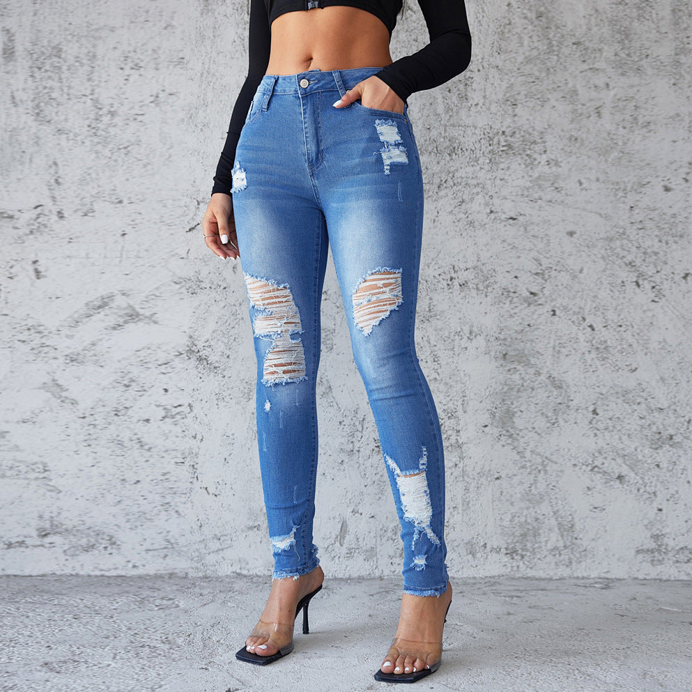 Damen Skinny Jeans im trendigen Destroyed-Design mit hoher Taille Stalluxe