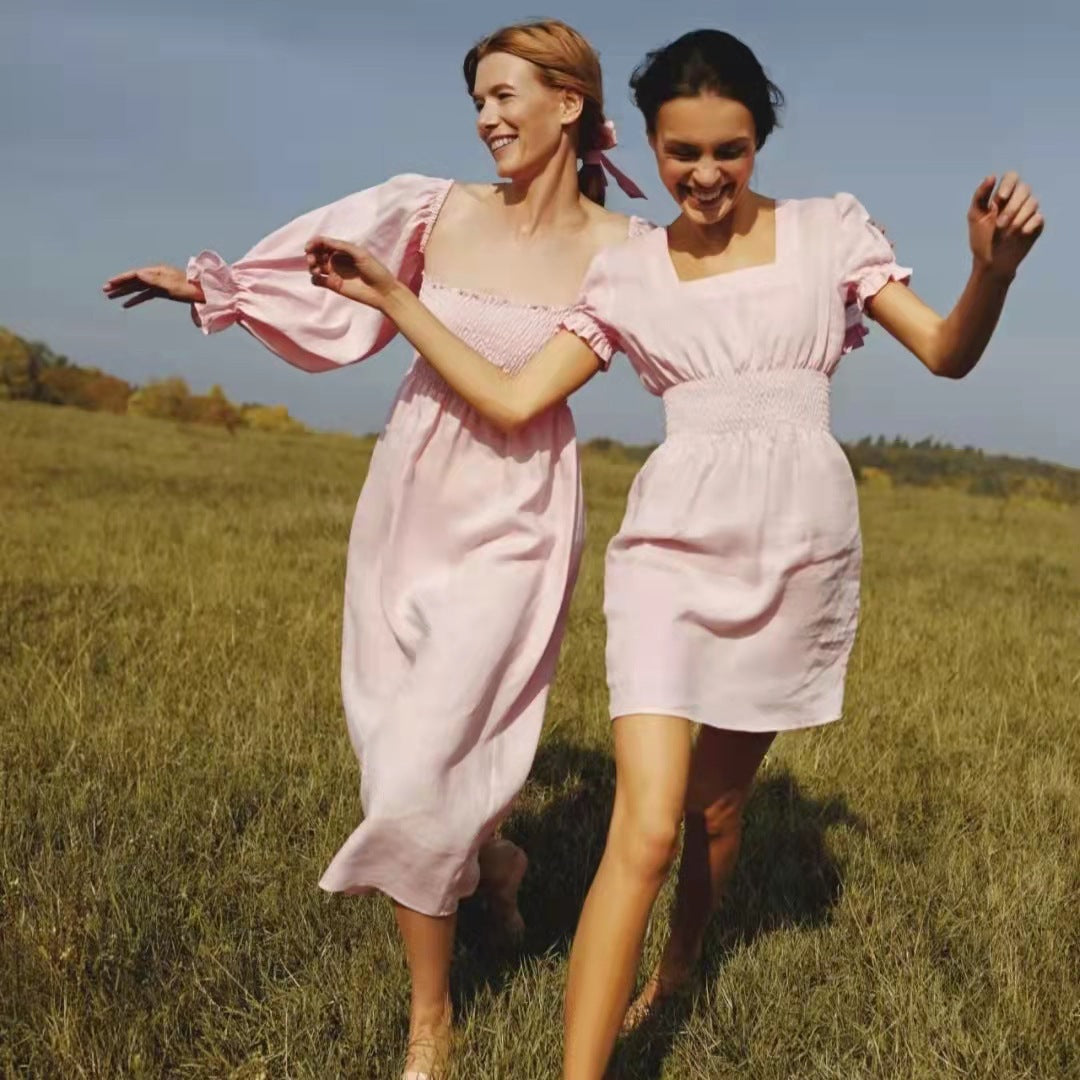Damen Maxikleid mit voluminösen puffärmeln und elastischem Oberteil Stalluxe