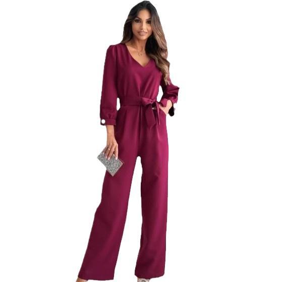 Damen Elegant geschnittenes Jumpsuit mit Taillengürtel und langen Ärmeln Stalluxe