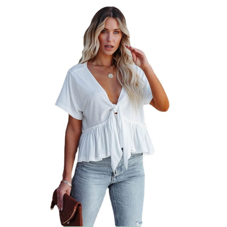 Damen Kurzarm Bluse mit knotbarem Design und frilligem Saum Stalluxe