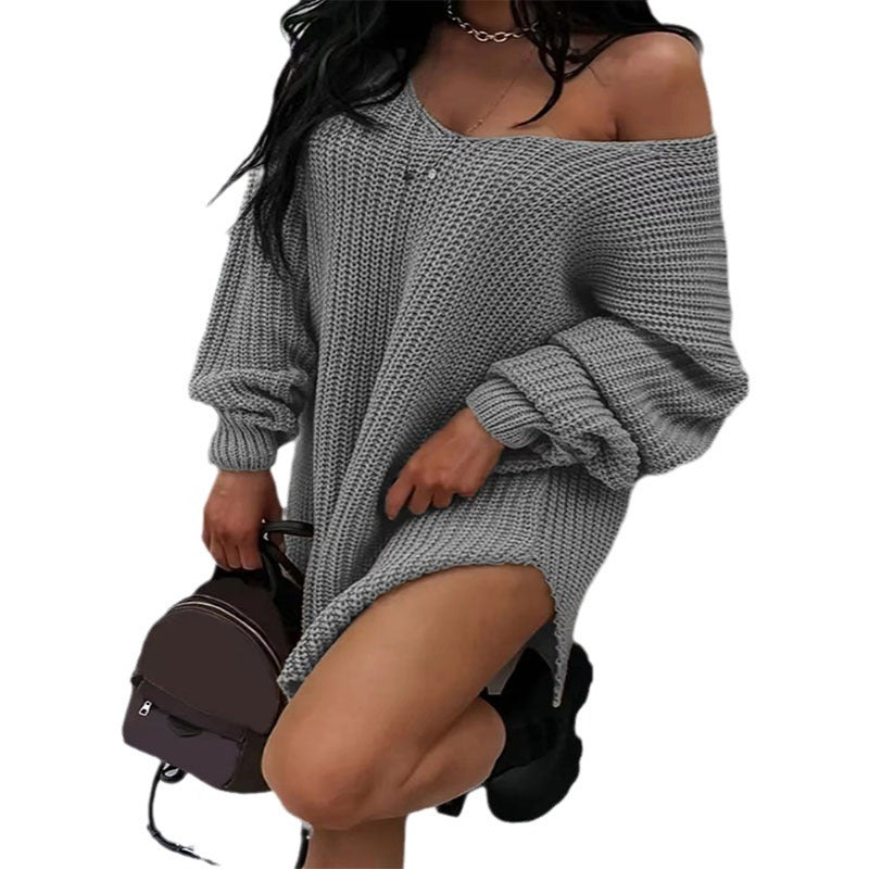 Damen Oversize Strickkleid mit weitem Rundhalsausschnitt und lässiger Passform Stalluxe