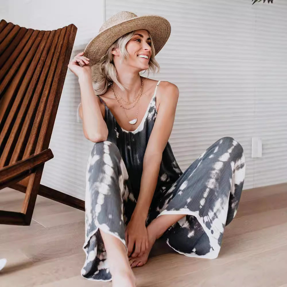 Damen Lässiger Maxijumpsuit aus leichtem Stoff mit Tie-Dye-Muster Stalluxe