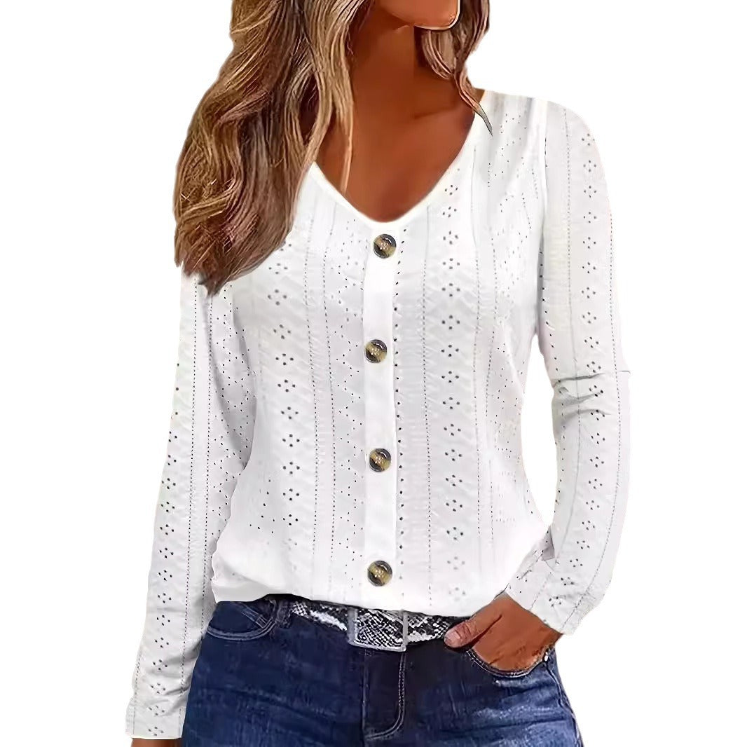 Damen Fein strukturiertes Langarmshirt mit eleganten Knöpfen Stalluxe