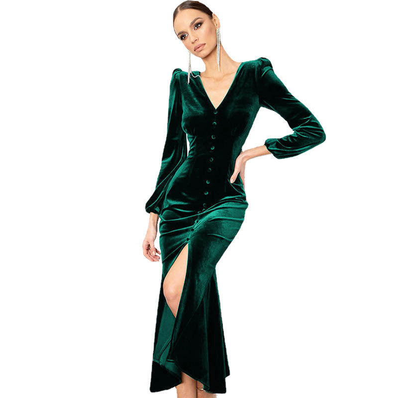 Damen Elegantes Maxikleid mit tiefem V-Ausschnitt und Knopfdetail Stalluxe