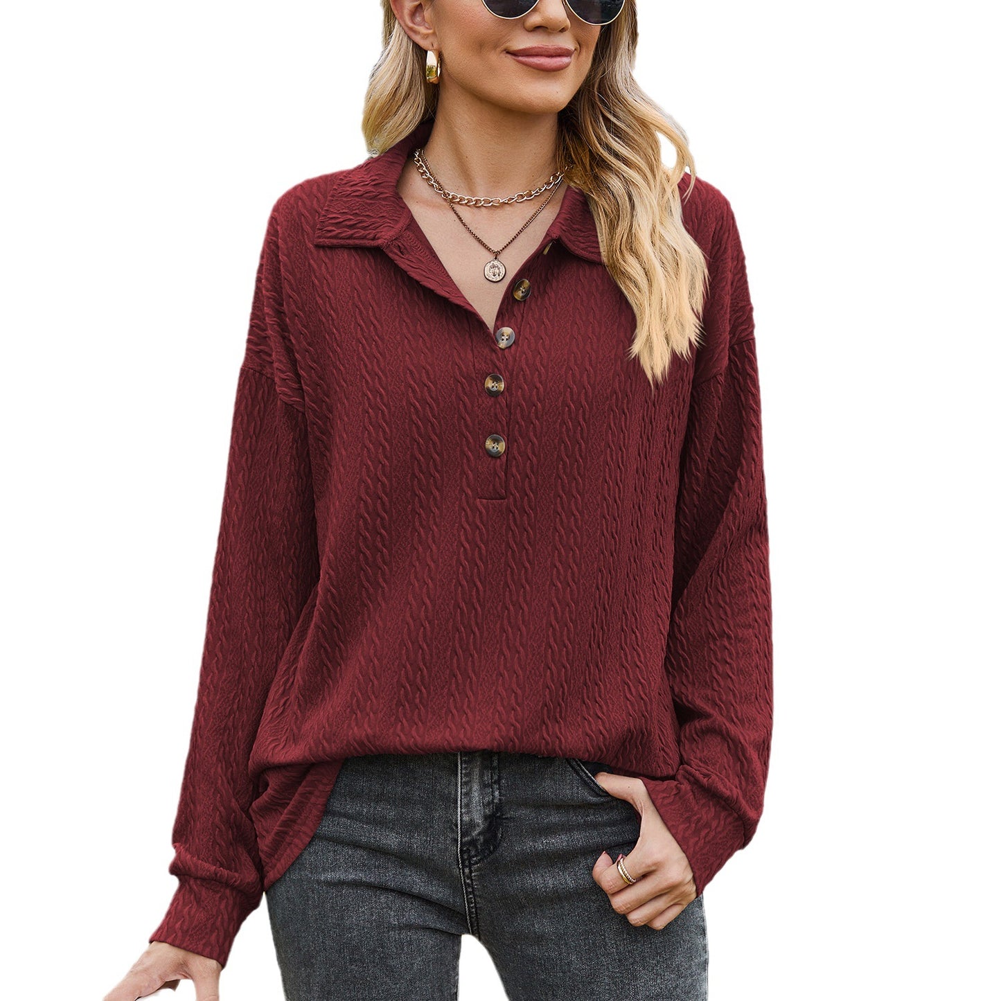 Damen Langarmshirt mit strukturiertem Kabelstrick und modischem Kragen Stalluxe