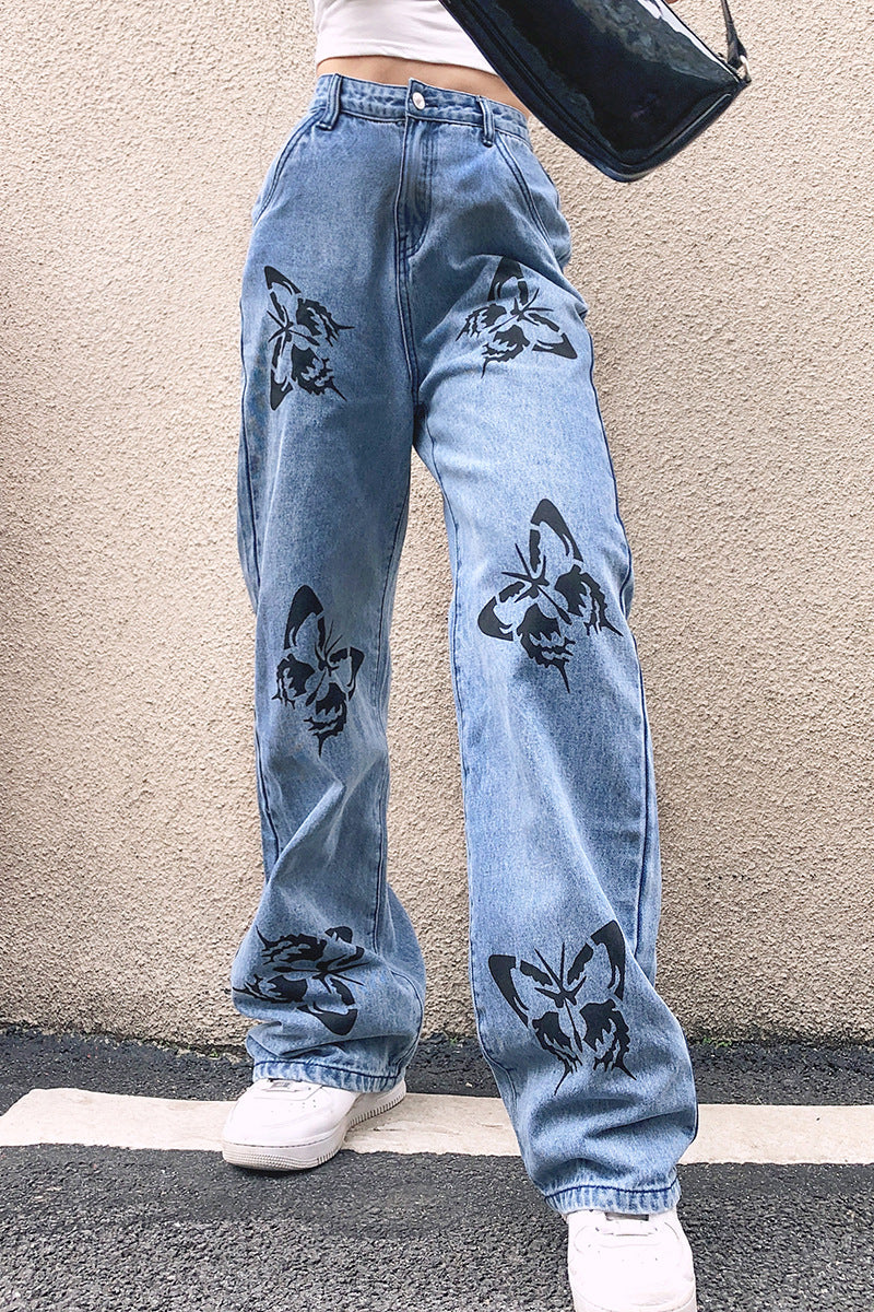 Damen weite High-Waist Jeans mit floralen Druckmotiven Stalluxe
