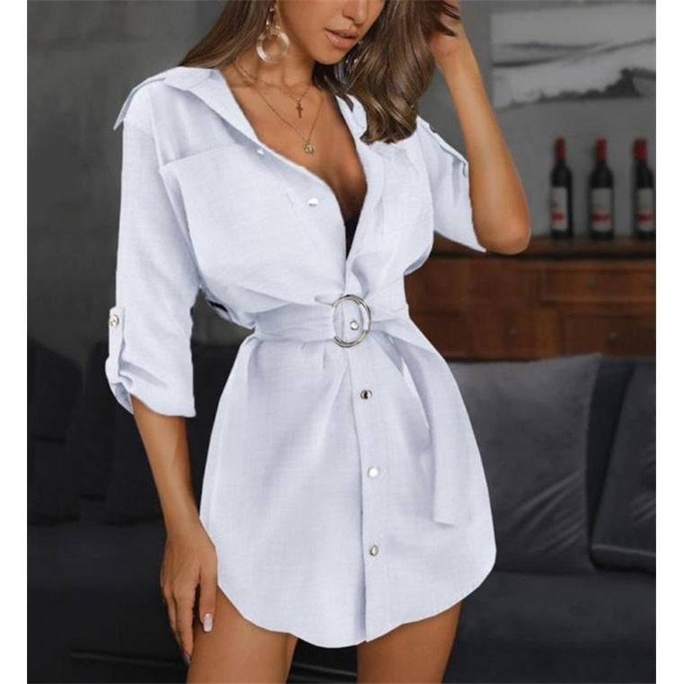 Damen Kurzarm Hemdblusenkleid mit Gürtel und Knopfleiste Stalluxe