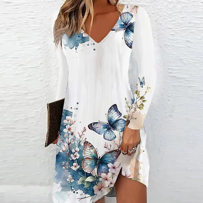 Damen V-Ausschnitt Kleid mit floralen Akzenten und langen Ärmeln Stalluxe