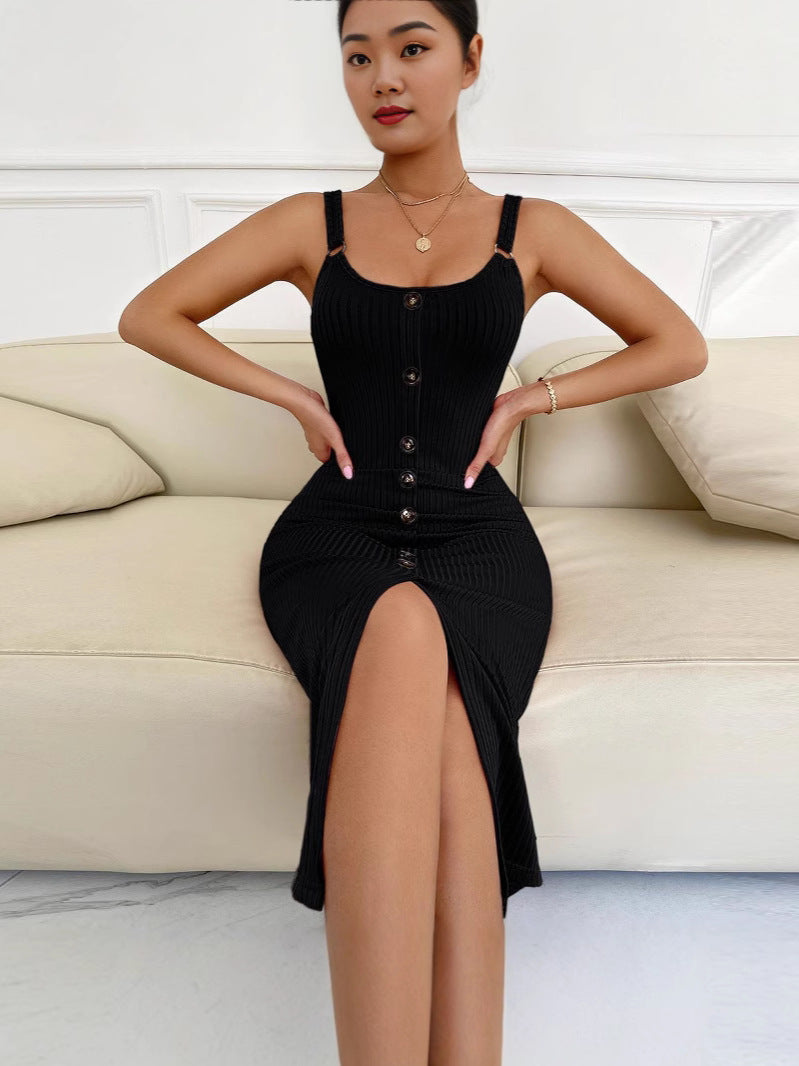 Damen Körperbetontes Midikleid mit Knopfleiste und Schlitz Stalluxe