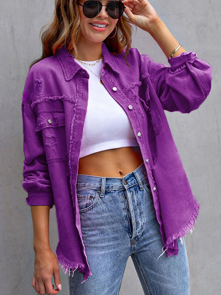 Damen oversized Jeansjacke mit fransigen Säumen und aufgesetzten Taschen Stalluxe