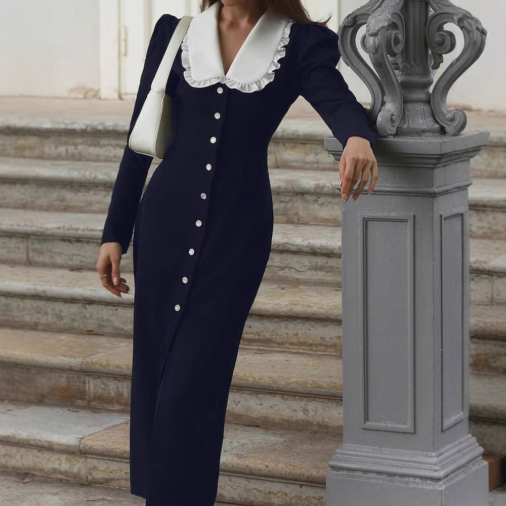 Damen Elegantes Maxikleid mit kontrastierendem Kragen und Knopfdetails Stalluxe