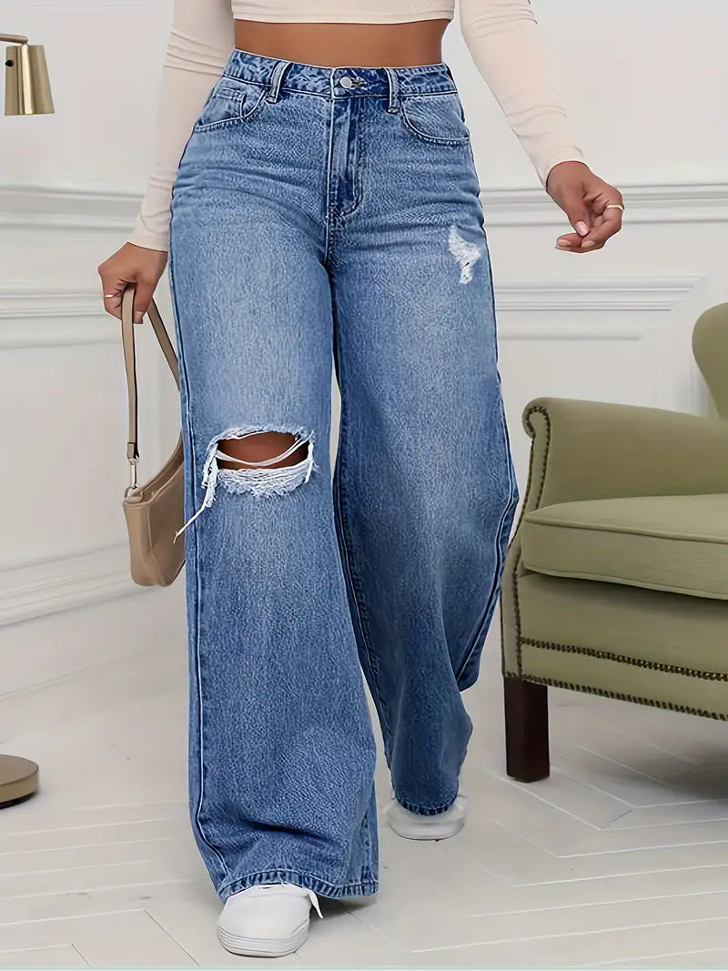 Damen Weite Jeans mit schicken Rissdetails und hohem Bund Stalluxe