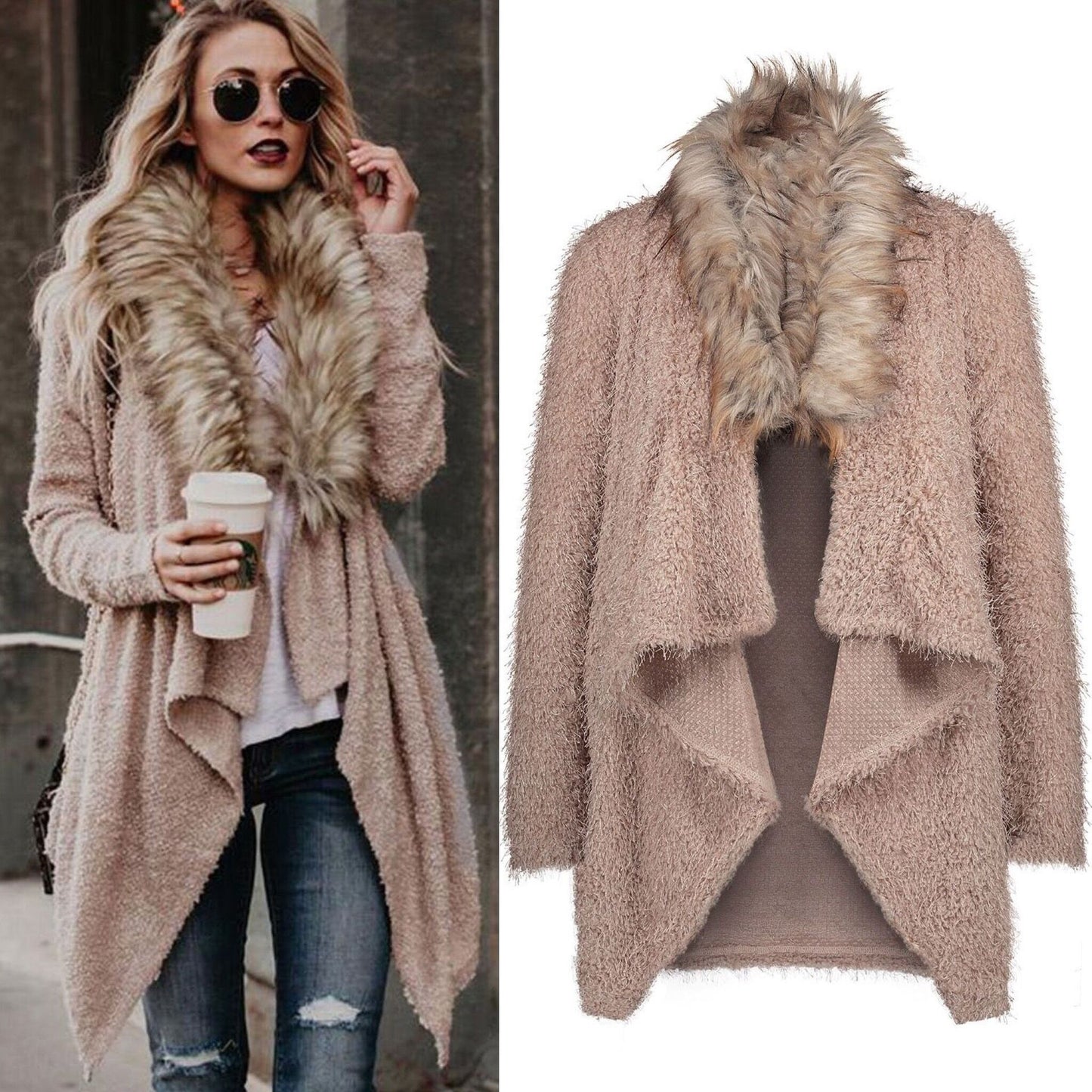 Damen Flauschiger Cardigan mit abnehmbarem Kunstfellkragen Stalluxe
