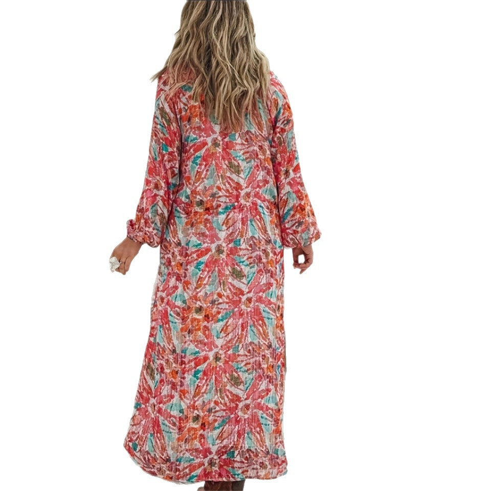 Damen Maxikleid mit buntem Floralprint und leichtem V-Ausschnitt Stalluxe