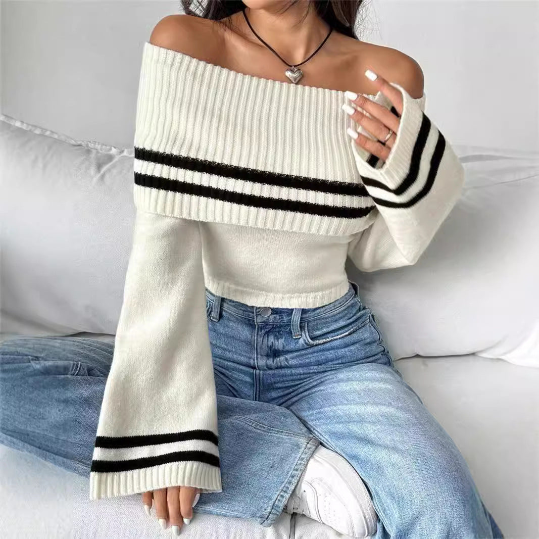 Damen Off-Shoulder Crop-Pullover mit lässigen Streifen Stalluxe