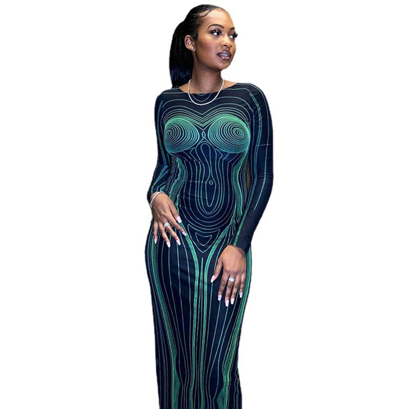 Damen Maxikleid mit kreativem Bodysculpting-Design und langen Ärmeln Stalluxe
