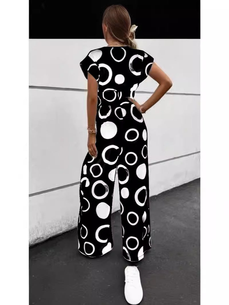 Damen Modischer Wide-Leg Jumpsuit mit Bindegürtel und grafischem Muster Stalluxe