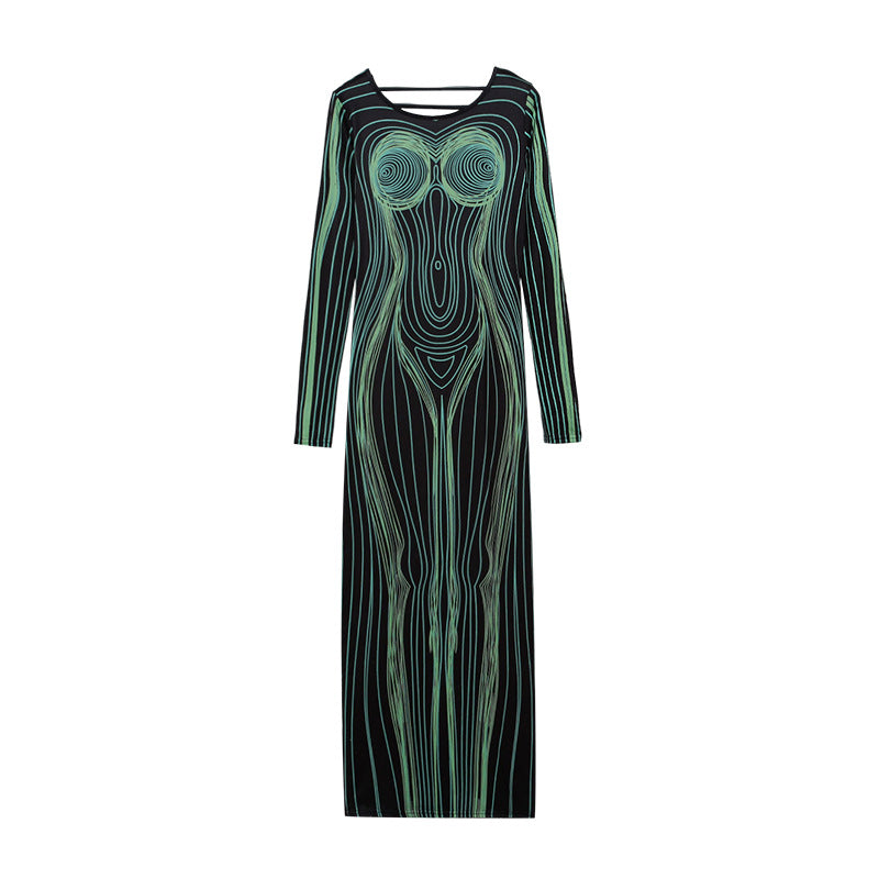 Damen Maxikleid mit kreativem Bodysculpting-Design und langen Ärmeln Stalluxe