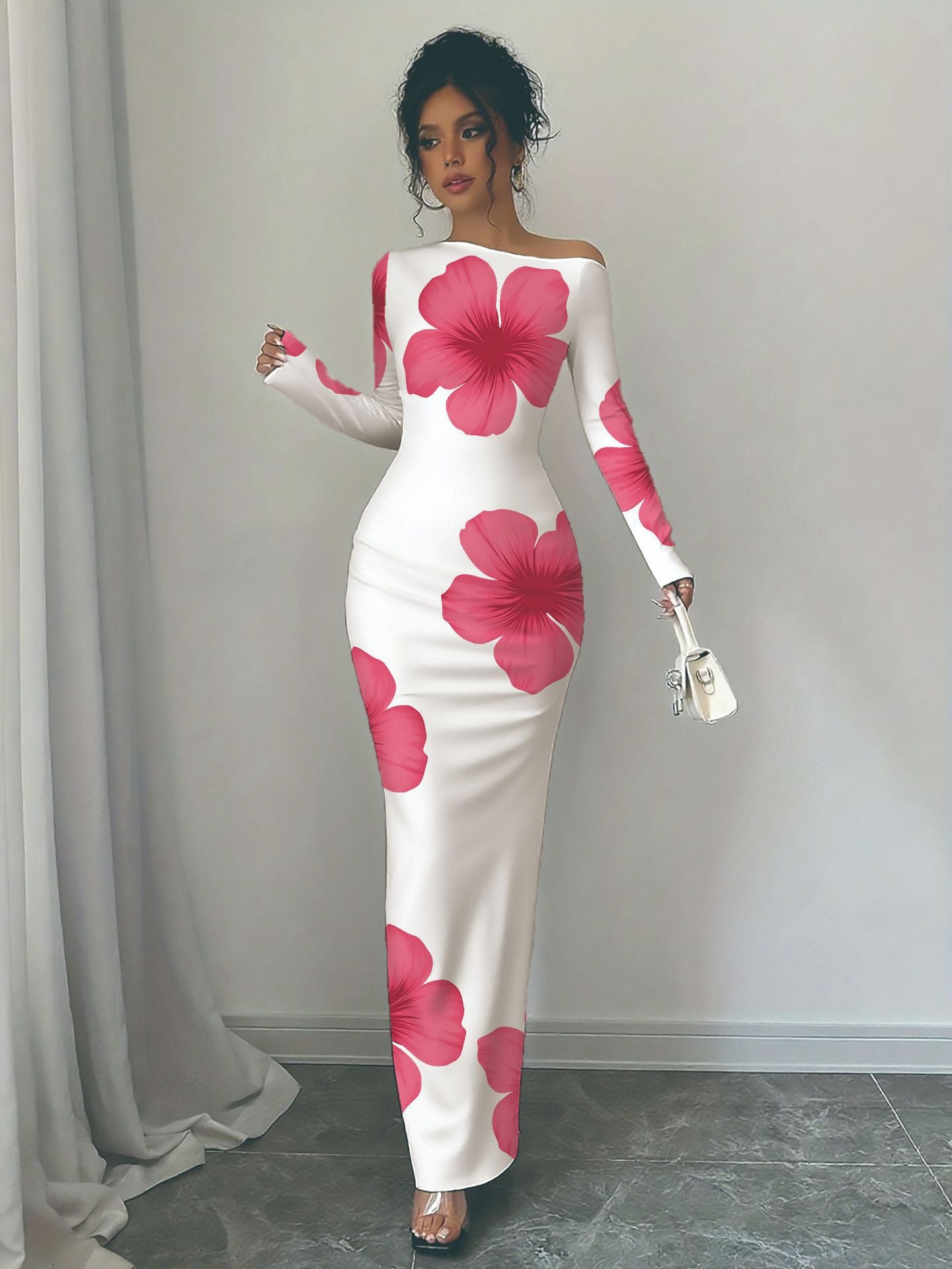 Damen elegantes Langarmkleid mit floralem Motiv Stalluxe