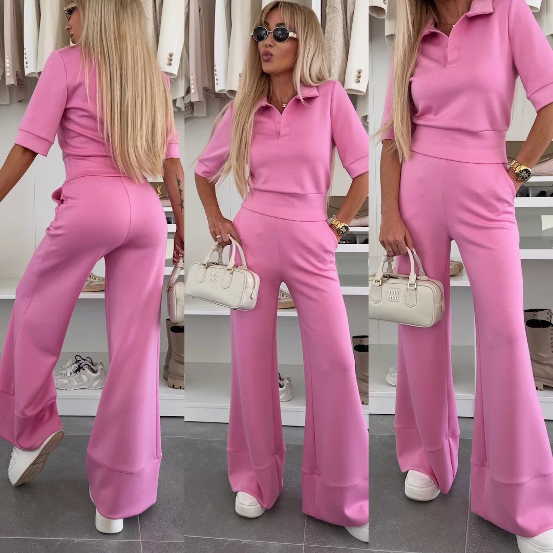 Damen sportliches Lounge-Set mit schicker Polo-Kragen und weitem Bein Stalluxe