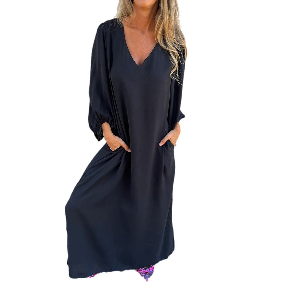 Damen Elegantes Maxikleid mit V-Ausschnitt und Taschen Stalluxe