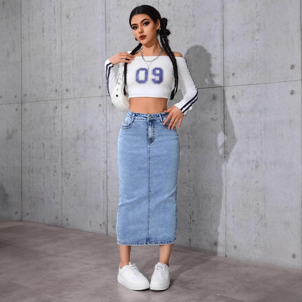 Damen Langer Jeansrock mit hohem Bund Stalluxe