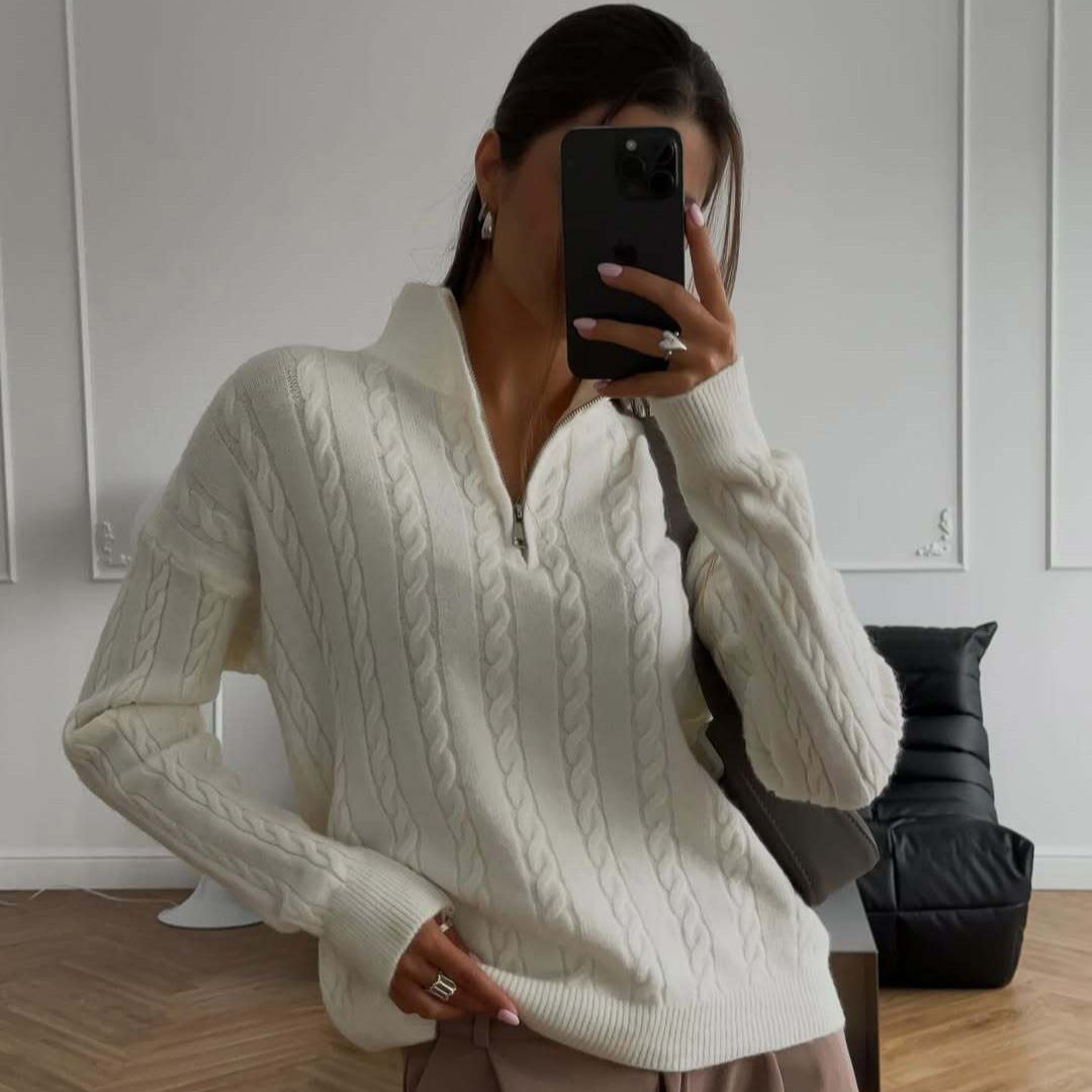 Damen cropped Pullover mit Zopfmuster und Reißverschluss Stalluxe