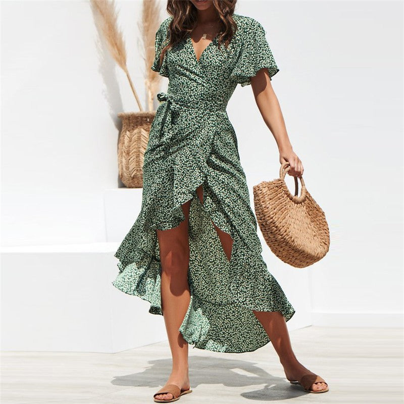 Damen Maxi-Wickelkleid mit fließendem Saum und verspielten Rüschen Stalluxe