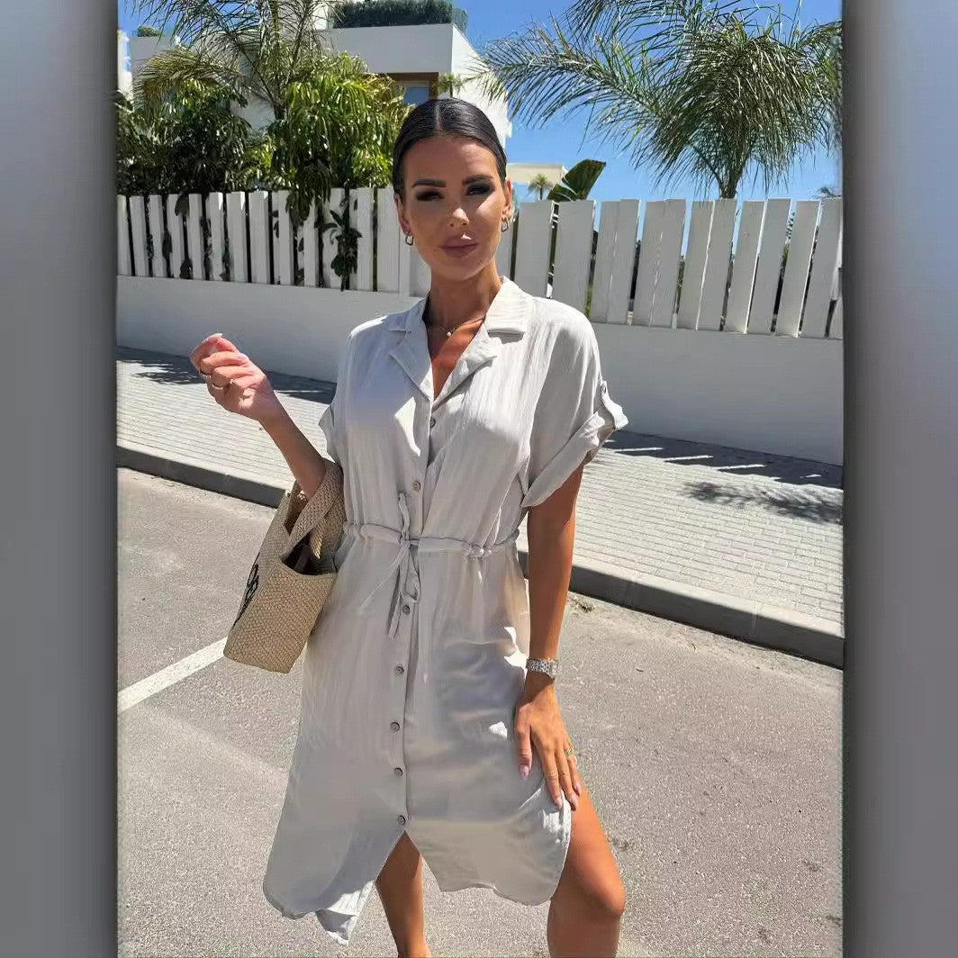 Damen Kurzarm Hemdblusenkleid mit Taillenzug Stalluxe