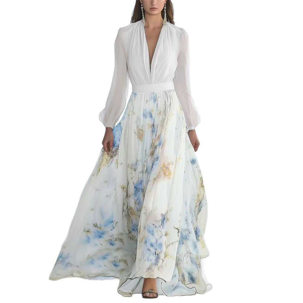 Damen Elegantes Maxikleid mit floralem Print und tiefem V-Ausschnitt Stalluxe