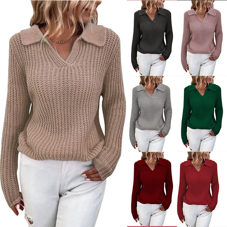 Damen V-Ausschnitt Strickpullover mit Kragen Stalluxe