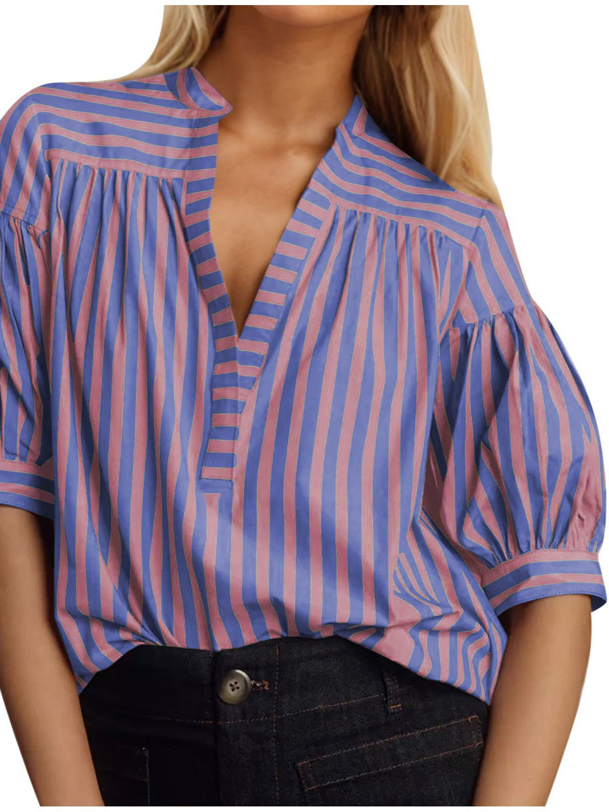 Damen Hemdblusenshirt mit Puffärmeln und gestreiftem Muster Stalluxe