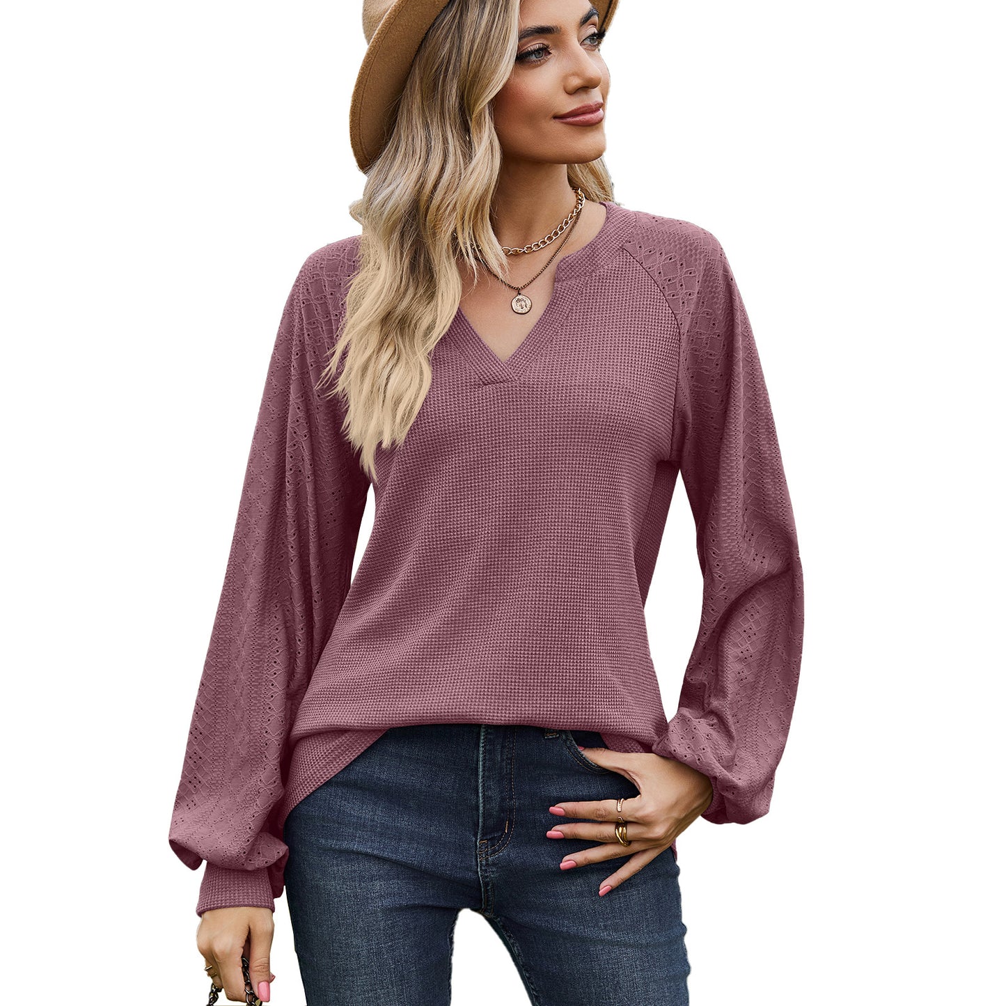 DamenLangarmshirt mit strukturiertem V-Ausschnitt und weiten Ärmel Stalluxe